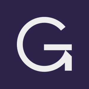 Minimalist logo design with a stylized white letter 'G' featuring an arrow on a dark navy blue background.