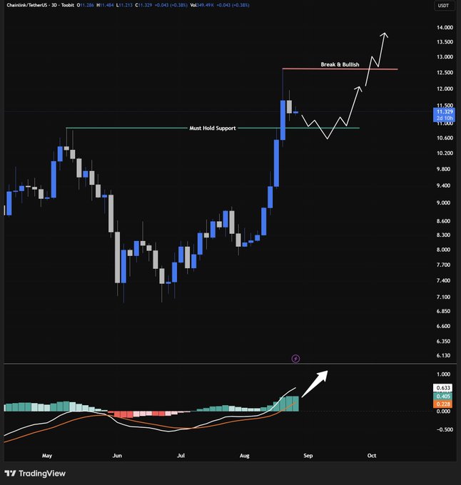 A TradingView candlestick chart for Chainlink/TetherUS showing a 'Break & Bullish' technical analysis with annotations indicating 'Must Hold Support' and arrows pointing to projected upward movement.
