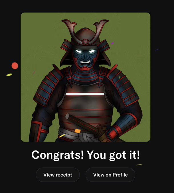 A fearsome samurai character with a horned helmet and grimacing face appears in an artwork with the text "Congrats! You got it!" along with "View receipt" and "View on Profile" buttons, celebrating the acquisition of a rare 1-of-1 NFT from TickerYardHQ as mentioned in the post.