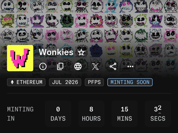 A 'Wonkies' NFT minting page on Ethereum with PFPS category, showing a grid of colorful pixel-art character thumbnails and a countdown timer indicating minting begins in 0 days, 8 hours, 15 minutes.