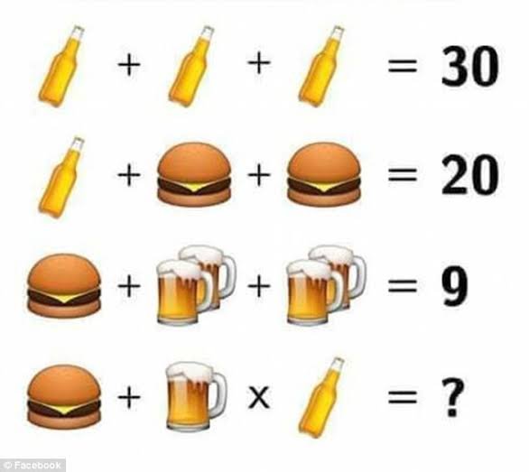 A math puzzle featuring beer bottles, burgers, and beer mugs with equations showing bottle+bottle+bottle=30, bottle+burger+burger=20, burger+beer+beer=9, and asking to solve burger+beer×bottle=?.