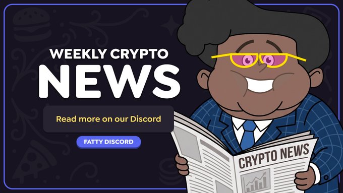 A cartoon mascot with glasses and a blue plaid suit smiles while holding a "CRYPTO NEWS" newspaper, promoting a "WEEKLY CRYPTO NEWS" banner that invites viewers to "Read more on our Discord" via the "FATTY DISCORD" button. The image visually reinforces the post's theme of delivering the latest crypto updates, covering regulation, blockchain launches, DeFi, and tokenization, while tying the content to the FATTY/FatBot community.