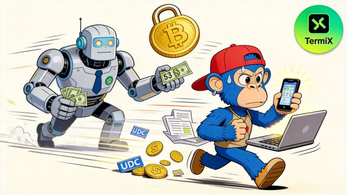 A cartoon illustration of a robot holding cash and a monkey holding a phone and laptop, with Bitcoin coins and a 'TermiX' logo in the corner.