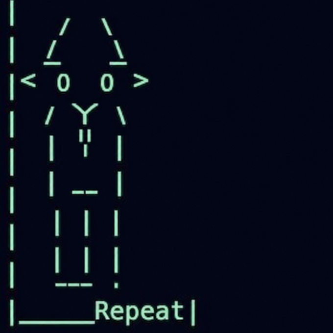 A digital ASCII art illustration on a dark background depicting a cat-like figure with the text '< o o >' for eyes and 'Repeat' displayed at the bottom within a dashed border.
