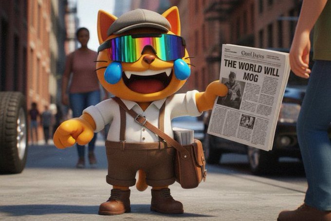 A 3D-rendered cartoon cat character wearing a flat cap, iridescent sunglasses, and a white shirt with suspenders stands on a city street holding a newspaper with the headline 'THE WORLD WILL MOG'.