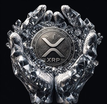 Two crystalline, diamond-like hands cradle a silver XRP coin inscribed with "XRP" and "Ripple Labs Inc." against a dark background, symbolizing the precious and undervalued nature of the cryptocurrency. The image visually reinforces the post's message about XRP being a hidden gem, as institutions quietly invested $132 million despite the token hitting a 19-month low at $1.08.