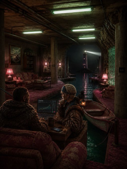 Cinematic scene showing two people sitting on couches looking at a trading chart on a monitor in an underground bunker-like room, with a lighthouse visible through the water outside.