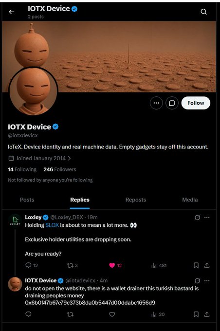 A screenshot of an X (Twitter) profile for "IOTX Device" (@iotxdevice) with replies visible, including one from Loxley mentioning $LOX and another from IOTX Device warning about a scammer with a wallet address.