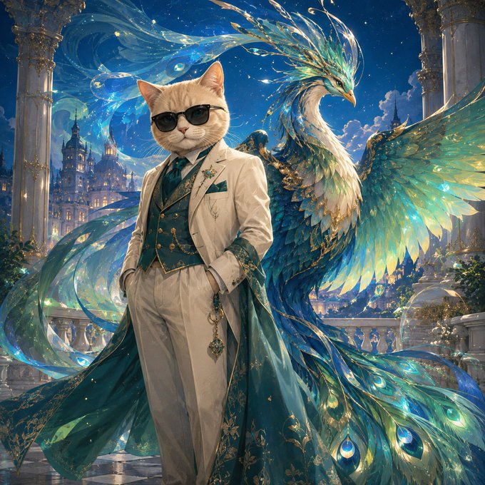 A fantastical digital artwork featuring a cat-headed figure wearing sunglasses and an elegant white suit with teal accents, standing beside a majestic peacock-like creature with iridescent blue-green feathers in a classical setting.