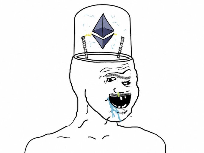 A "Wojak" meme character with an open, empty head reveals an Ethereum (ETH) logo inside, symbolizing Ethereum's role as the "brain" or safe haven for capital. The post notes that during recent Base outages (and similar issues with $SUI and $SOL), over 50% of DeFi TVL remains on Ethereum—visually reinforcing the joke that ETH is the stable, intelligent choice while other chains keep "malfunctioning."