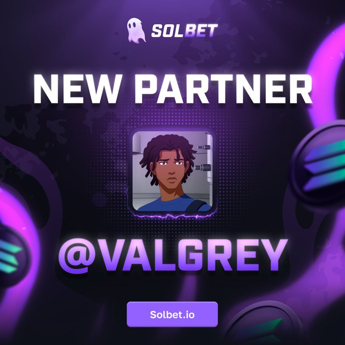A promotional graphic announcing "NEW PARTNER @VALGREY" featuring an anime-style avatar, with the Solbet logo at the top and a "Solbet.io" call-to-action button at the bottom, visually supporting the partnership announcement and referral signup celebration.