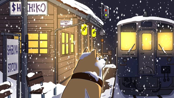 The image is an anime-style illustration showing Hachikō, the loyal Akita dog, waiting at snowy Shibuya Station as a train arrives, with "SHIBUYA STATION" visible on a sign and "SHIBIKO" on the station building—directly depicting the famous story referenced in the post about the $HACHI token launching tomorrow at 6PM UTC.