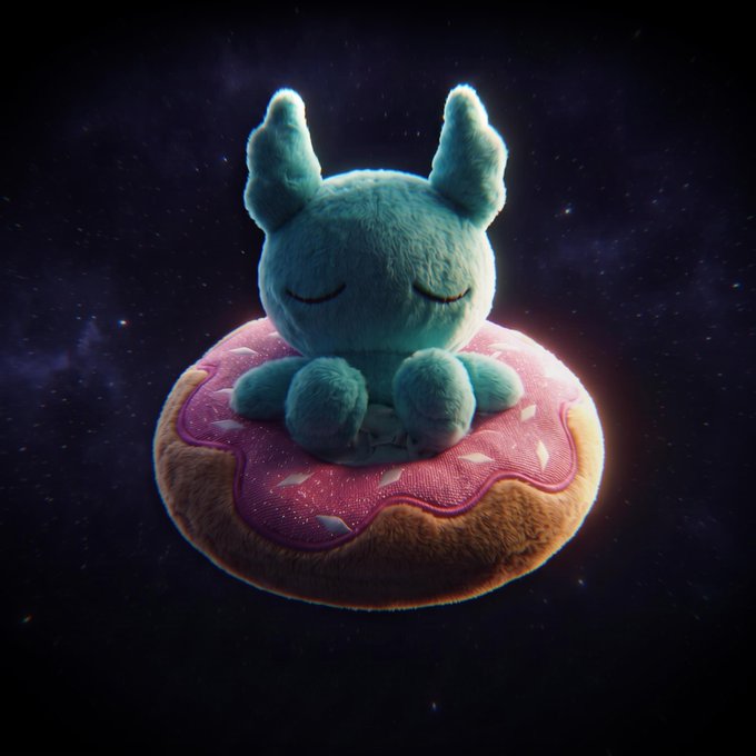 A blue, plush Koda creature with closed eyes sits peacefully atop a pink-frosted donut shaped like a pancake, floating against a starry cosmic background—imagery tied to Yuga Labs' Koda Cake NFT drop on OpenSea, where winners receive this updated profile image to use as entry to the Donut Social at ApeFest.