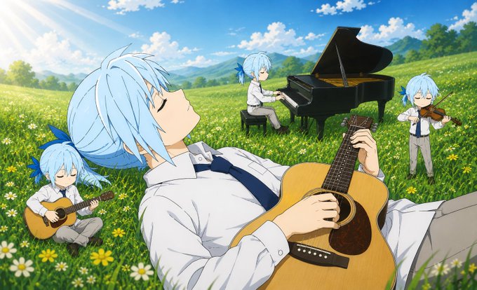 An anime illustration featuring a blue-haired character playing guitar in a grassy field, while three smaller versions of the same character play piano, violin, and another guitar in the background.