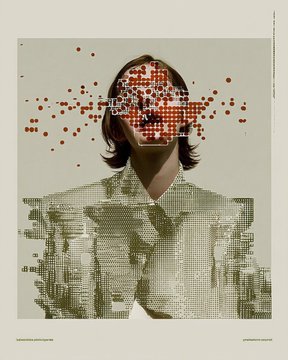 A stylized digital collage features a figure with a pixelated red and white face, overlaid on a background constructed from smaller images and pixelated patterns.