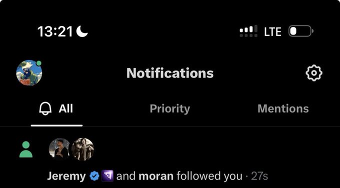 A Twitter/X notifications screenshot at 13:21 showing that "Jeremy and moran followed you 27s" ago.
