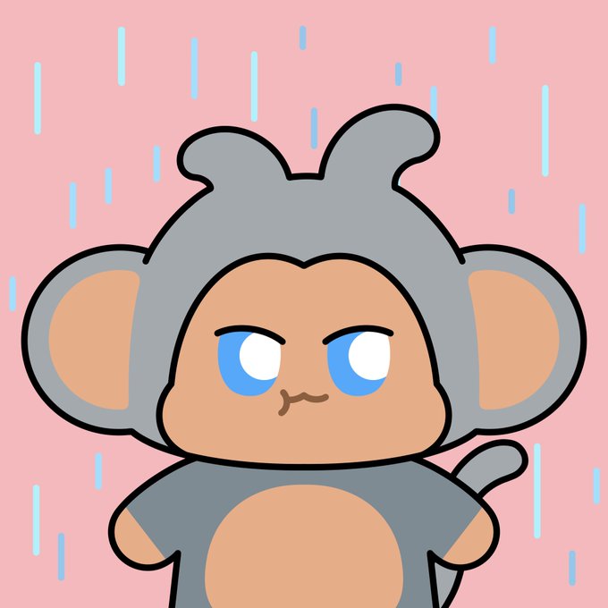 Cartoon illustration of an angry-looking gray monkey/mouse character with a unibrow frown and side-glancing eyes, set against a pink background with falling rain streaks.