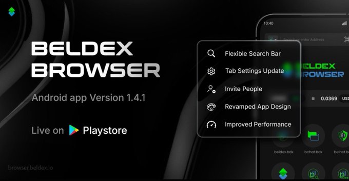 A promotional advertisement for 'BELDEX BROWSER' Android app Version 1.4.1, available on the Play Store, highlighting features like a flexible search bar, tab settings update, invite people, revamped app design, and improved performance.