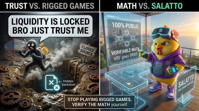 Comparison graphic titled 'TRUST VS. RIGGED GAMES' vs 'MATH VS. SALATTO', contrasting a shady character with locked liquidity and hidden backdoors against a verified math VRF chicken mascot promoting SALATTO (NON-CHICKEN $250,000).