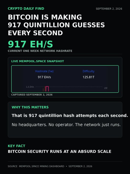 The image displays a "Crypto Daily Find" infographic dated September 2, 2026, highlighting Bitcoin's current one-week network hashrate of 917 EH/s (exahashes per second), sourced from a mempool.space snapshot showing 125.81T difficulty. The graphic visualizes the staggering 917 quintillion hash attempts per second securing the Bitcoin network, directly supporting the post's point about the incomprehensible scale at which Bitcoin operates without any central authority.