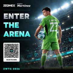 A promotional image for 'ZOOMEX MARTINEZ' with the text 'ENTER THE ARENA' and 'ZWTC 2026' features a soccer player in a green jersey with number 23, alongside a QR code for 'SCAN TO WIN'.