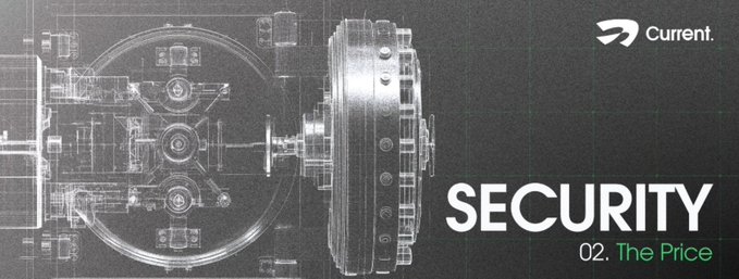 A dark-themed graphic featuring an x-ray or wireframe-style technical illustration of a mechanical vault or safe lock mechanism, with the "Current." logo in the top right and the text "SECURITY — 02. The Price" displayed prominently, visually reinforcing the post's message about treating every price as "untrusted" until it passes rigorous verification checks.