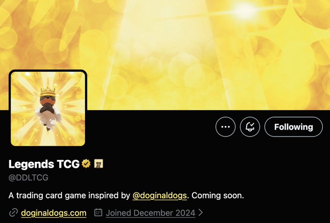 A Twitter/X profile page for 'Legends TCG' (@DDLTCG), featuring a pixel art dog with a crown, with the bio reading 'A trading card game inspired by @doginaldogs. Coming soon.'