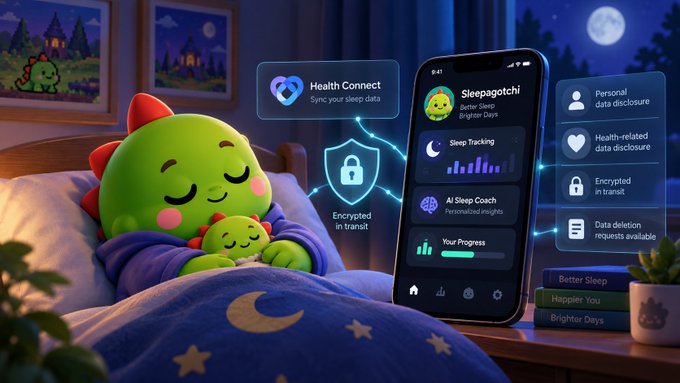 An illustration of a green dinosaur sleeping in bed next to a smartphone showing the 'Sleepagotchi' app, featuring Health Connect sync and various sleep data options.