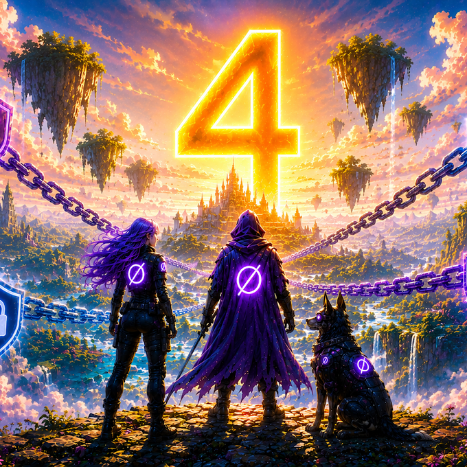 A glowing number "4" floats above a fantasy landscape where a hooded warrior, a purple-haired figure, and a German Shepherd—each marked with a "no entry" symbol—stand chained together, symbolizing the over $4.35 billion in frozen stablecoins by centralized issuers like USDT and USDC, betraying crypto's promise of decentralized, censorship-resistant finance.