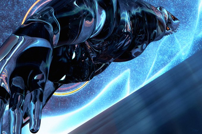 A dark, glossy metallic humanoid figure crouching in a dynamic pose against a cosmic blue background with glowing orange energy rings.