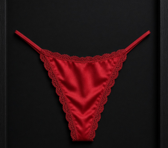 A pair of red satin panties with lace trim is displayed against a black background. The image relates to the post as the item being offered for sale, humorously framed as potential artwork in a "picture frame" by the seller.
