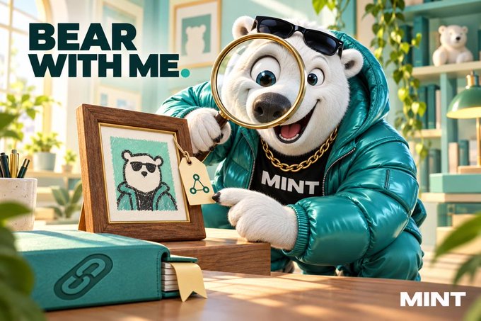 An animated promotional image with the text 'BEAR WITH ME.' featuring a white polar bear character wearing a teal puffer jacket and gold chain, holding a magnifying glass over a small framed portrait.
