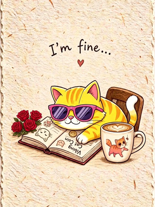 An illustration of a cat wearing purple sunglasses, sitting at a table with a coffee cup and roses, with the text 'I'm fine...' above it.
