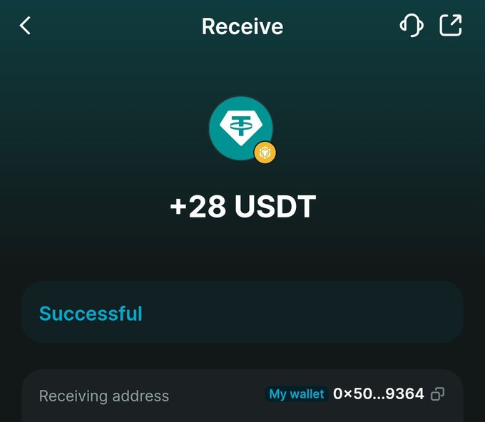 A crypto wallet "Receive" screen shows a successful transaction of +28 USDT to the receiving address 0x50...9364, confirming the $28 payout from web3 gigs referenced in the caption.