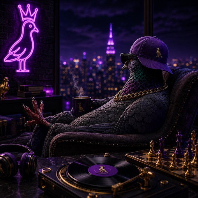 A digital artwork depicting a pigeon dressed in urban streetwear (purple cap, sunglasses, and gold chain) relaxing in an armchair with a coffee mug, headphones, a record player, and a chessboard, with a neon bird crown sign and a nighttime city skyline in the background.