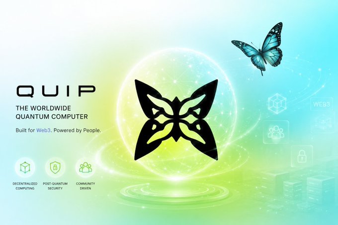 The image features an advertisement for Quip, which uses a butterfly graphic with a black background to emphasize its key message about rapid progress in computing technology. There are three blue butterflies visible in the image - two positioned above the left side of the screen and one on the right side. The butterflies are surrounded by different symbols representing aspects of modern web development and innovation, including a shield symbolizing protection from online threats and an "F" signifying openness to new possibilities.