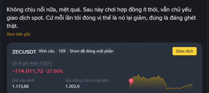 A screenshot of a cryptocurrency trading interface showing a ticker for "ZECUSDT" with a price decrease of -114.011,72 (-27.56%), accompanied by Vietnamese text above expressing frustration about spot trading and price drops.