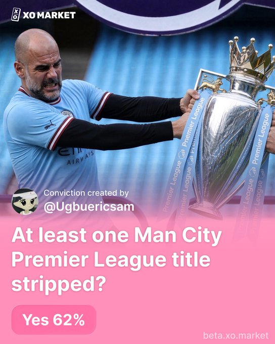 Pep Guardiola holds the Premier League trophy above an XO Market poll asking "At least one Man City Premier League title stripped?" which shows 62% voting Yes, illustrating how prediction markets can capture niche, speculative questions that traditional platforms overlook.