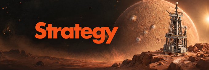 A space-themed banner image featuring the word 'Strategy' in bold orange text, alongside a Mars-like planetary landscape with a futuristic tower structure and a bright sun on the right horizon.