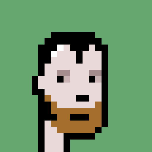 A simple pixel art portrait of a character with black hair, pale skin, and a brown beard against a solid green background.