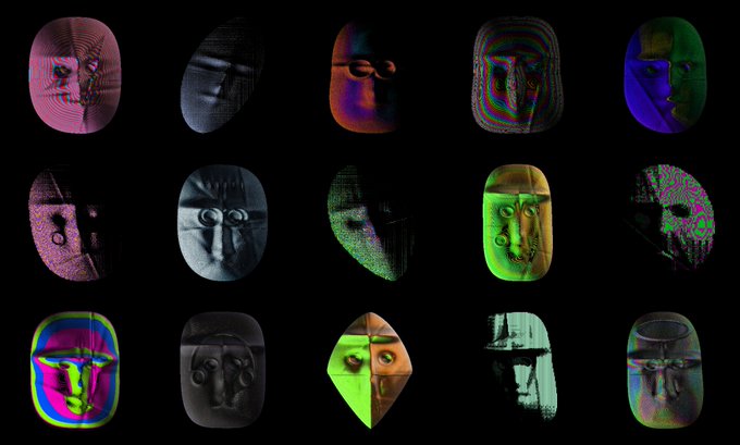 A grid of 15 distorted, colorful mask-like faces with glitch art effects on a black background.