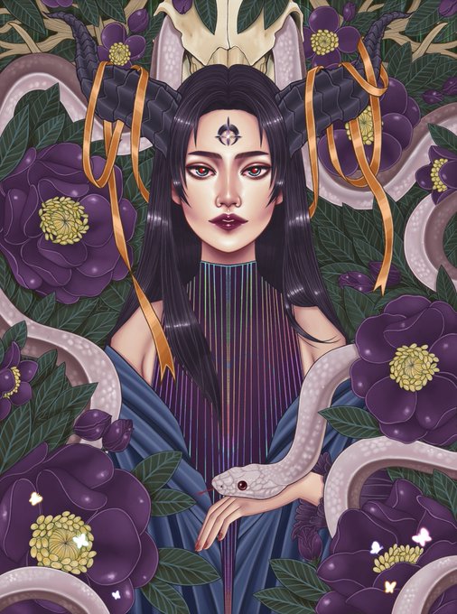 An illustration of a dark-haired woman with horns and a third eye, surrounded by purple flowers, green leaves, and white snakes, wearing a striped dress with gold ribbons.