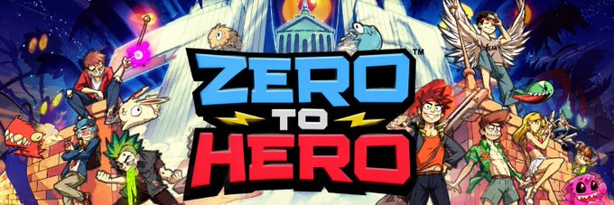 Promotional artwork for a video game titled 'ZERO TO HERO,' featuring various animated characters in colorful outfits, an owl, and a Greek-style temple with columns and waterfalls in the background.