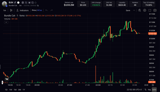 A candlestick price chart for BUN (Bundle Cat) showing a market cap of $103.2M, a price of $0.103, and a 53.81% 24-hour increase on a 1-minute timeframe.