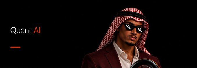 A stylish man wearing a keffiyeh and pixelated "deal with it" sunglasses poses against a dark background beside the "Quant AI" logo, complementing the post's announcement of Quant AI's impressive pre-launch milestone of over 100,000 whitelist sign-ups.