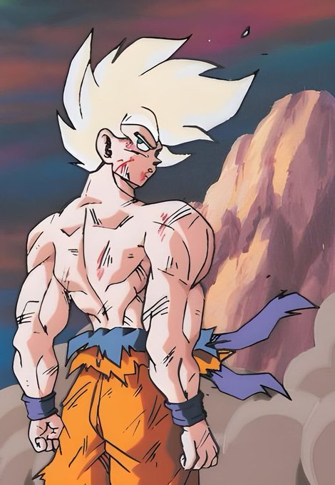 A battered Goku stands defiant with battle wounds and torn clothing, embodying the "Good Morning Saiyans" motivational message of resilience. The dramatic anime artwork pairs with the crypto market update showing Bitcoin at $64,240 and Ethereum at $1,871, suggesting Saiyan-level strength is needed to weather the Fear & Greed index of 27.