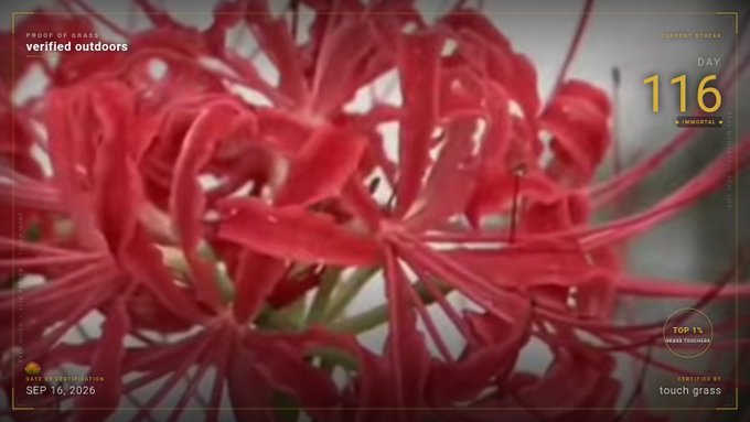 A close-up of red spider lilies (Higanbana) with overlay text showing 'DAY 116', 'verified outdoors', 'PROOF OF GRASS', and 'SEP 16, 2026'.
