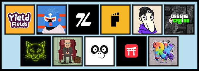 A grid of 11 NFT project logos and characters, including "Yield Fields," a stylized "76," a beanie-wearing figure, "Degens Casino," a neon green cat, a suited man in an armchair, a panda face, a red square emblem, and "RK" — representing the various NFT collections featured in an alpha drop guide about Yield Fields.