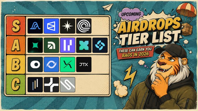A comic-style tier list graphic titled "UPCOMING AIRDROPS TIER LIST - THESE CAN EARN YOU BAGS IN 2026" featuring a tiger mascot, ranking various crypto projects in tiers S, A, B, and C with corresponding logos, including Variational in the S-tier along with other projects.