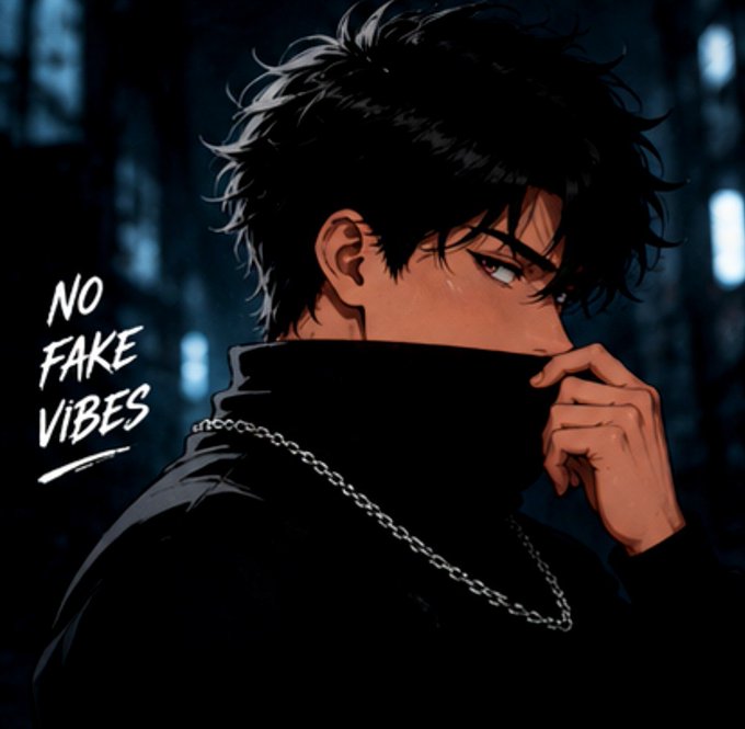An anime-style illustration of a young man with messy black hair pulling up his dark collar, with the text 'NO FAKE VIBES' written beside him.